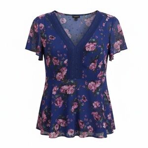 torrid Women’s Babydoll Royal Blue Floral Blouse Lace Empire Waist Size 1X